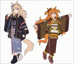 Rule 34 | 2girls, adapted costume, animal ears, asymmetrical footwear, belt, black jacket, blonde hair, boots, bow, dog ears, ear bow, gold city (umamusume), green jacket, hakusai (tiahszld), hand in own hair, high tops, horse ears, horse girl, horse tail, jacket, japanese clothes, kimono, long hair, long sleeves, looking at viewer, mayano top gun (umamusume), mismatched footwear, multiple girls, open mouth, orange eyes, orange hair, outstretched arms, platform footwear, shoes, smile, sneakers, spread arms, tail, umamusume, wide sleeves