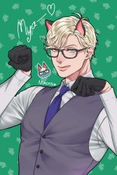 Rule 34 | 1boy, absurdres, animal ears, artist name, bad id, bad pixiv id, blush, cat, cat ears, animal crossing, formal, glasses, gloves, green background, green eyes, heart, heterochromia, highres, leaf, male focus, necktie, nintendo, paw pose, personification, raymond (animal crossing), solo, suit, tongue, tongue out, user rjzu7857, yellow eyes
