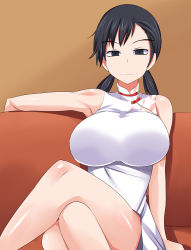 Rule 34 | 10s, 1girl, bare shoulders, black eyes, black hair, breasts, china dress, chinese clothes, couch, crossed legs, devil survivor, devil survivor 2, dress, highres, huge breasts, kanno fumi, legs, long hair, ourakutei, simple background, sitting, smile, solo, thighs, twintails