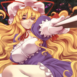 Rule 34 | 1girl, blonde hair, breasts, elbow gloves, eye focus, eyebrows, female focus, folding fan, foreshortening, gloves, hand fan, hat, highres, large breasts, legs, long hair, smile, smirk, solo, symbol-shaped pupils, text in eyes, thick eyebrows, thighs, touhou, tro (trombe), very long hair, white gloves, yakumo yukari, yellow eyes