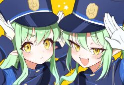 Rule 34 | 2girls, blue archive, blush, gloves, green hair, hat, hikari (blue archive), nozomi (blue archive), highres, long hair, long sleeves, multiple girls, open mouth, peaked cap, pineap000, pointy ears, simple background, white gloves, yellow eyes