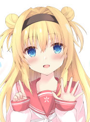 Rule 34 | 1girl, :d, black hairband, blonde hair, blue eyes, blush, chitose sana, commentary request, double bun, eyelashes, eyes visible through hair, fingernails, hair between eyes, hair bun, hair intakes, hairband, hands up, happy, highres, index finger raised, long hair, looking at viewer, neckerchief, open hand, open mouth, pink shirt, purunyara, red sailor collar, sailor collar, school uniform, serafuku, shirt, sidelocks, simple background, sleeves past wrists, smile, solo, straight-on, straight hair, tenshinranman, tsurime, two side up, upper body, white background, white neckerchief