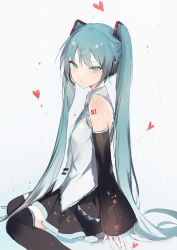 Rule 34 | 1girl, aqua eyes, aqua hair, aqua necktie, black thighhighs, bodypaint, detached sleeves, hatsune miku, headphones, heart, highres, looking at viewer, lpip, necktie, pleated skirt, see-through, simple background, sitting, skirt, smile, solo, thighhighs, twintails, vocaloid