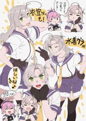 Rule 34 | 2girls, absurdres, antenna hair, aoba (kancolle), bad id, bad twitter id, black gloves, brown legwear, camera, commentary request, gloves, green eyes, grey hair, hair tie, highres, kantai collection, kinugasa (kancolle), kinugasa kai ni (kancolle), looking at viewer, multiple girls, neckerchief, ojipon, one side up, purple sailor collar, sailor collar, thighhighs, translation request, upper body, yellow neckerchief