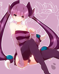 Rule 34 | 1girl, bare shoulders, breasts, cleavage, creatures (company), detached sleeves, drapion, game freak, gen 4 pokemon, highres, horns, long hair, nail polish, nintendo, panties, personification, pokedex number, pokemon, purple eyes, purple hair, smile, solo, striped clothes, striped panties, takeshima eku, thighhighs, twintails, underwear