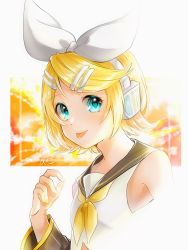 Rule 34 | 1girl, :p, aqua eyes, arm at side, bad id, bad twitter id, bare shoulders, black sailor collar, blonde hair, breasts, detached sleeves, fingernails, gradient background, hair ornament, hair ribbon, hairclip, hand up, headset, highres, kagamine rin, light smile, looking at viewer, nail polish, nuko 0108, orange background, red background, ribbon, sailor collar, shirt, short hair, signature, simple background, sleeveless, sleeveless shirt, small breasts, smile, solo, tongue, tongue out, two-tone background, upper body, vocaloid, white background, white ribbon, white shirt, yellow background, yellow nails, yellow ribbon