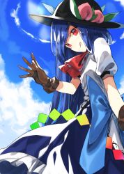 Rule 34 | 1girl, bad id, bad pixiv id, black hat, blouse, blue hair, blue skirt, blue sky, brown gloves, cloud, commentary request, day, food, fruit, gloves, hat, highres, hinanawi tenshi, licking lips, looking at viewer, outdoors, peach, puffy short sleeves, puffy sleeves, red eyes, red neckwear, shirt, short sleeves, skirt, sky, smile, solo, suminagashi, tongue, tongue out, touhou, white shirt