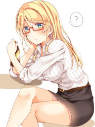 Rule 34 | 10s, 1girl, ?, ayase eli, belt, bespectacled, black skirt, blue eyes, blush, bottle, breasts, collared shirt, commentary request, crossed legs, elbows on table, glasses, hair between eyes, hair down, holding, holding bottle, light frown, long hair, long sleeves, looking at viewer, love live!, love live! school idol festival, love live! school idol project, medium breasts, mogu (au1127), pencil skirt, red-framed eyewear, shirt, sitting, skirt, sleeves rolled up, solo, spoken question mark, striped clothes, striped shirt, sweatdrop, vertical-striped clothes, vertical-striped shirt, white background, white shirt