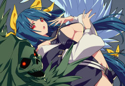 Rule 34 | 1girl, angel, angel wings, arc system works, asymmetrical wings, bare shoulders, belt, black panties, blue hair, breasts, center opening, character name, choker, copyright name, detached sleeves, dizzy (guilty gear), from side, glowing, glowing eyes, guilty gear, guilty gear x, guilty gear xx, hair ribbon, hair rings, large breasts, long hair, long sleeves, midriff, monster girl, navel, necro (guilty gear), panties, puffy long sleeves, puffy sleeves, red eyes, revealing clothes, ribbon, skull, solo, tail, tail ornament, tail ribbon, talgi, tearing up, twintails, underboob, underwear, wings, yellow ribbon
