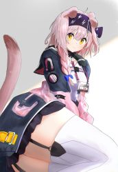 Rule 34 | 1girl, absurdres, animal ears, arknights, black hairband, blue bow, bow, braid, cat ears, cat girl, cat tail, closed mouth, coat, collarbone, female focus, floppy ears, goldenglow (arknights), hair bow, hairband, highres, lightning bolt print, long sleeves, looking at viewer, multicolored coat, pink coat, pink hair, print hairband, shirt, short hair, side braid, solo, sora mame (princess 0sora), tail, thighhighs, two-tone coat, white shirt, white thighhighs, yellow eyes, zettai ryouiki