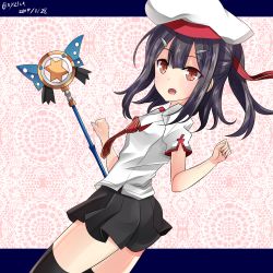 Rule 34 | 1girl, :o, beret, black hair, black skirt, black thighhighs, blush, brown eyes, collared shirt, commentary request, dated, fate/kaleid liner prisma illya, fate (series), fingernails, hair between eyes, hair ornament, hairclip, hat, hebitsukai-san, highres, homurahara academy school uniform, long hair, looking at viewer, miyu edelfelt, open mouth, pleated skirt, ponytail, puffy short sleeves, puffy sleeves, red neckwear, school uniform, shirt, short sleeves, skirt, solo, thighhighs, twitter username, wand, white hat, white shirt