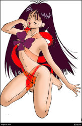 Rule 34 | 1990s (style), 1999, 1girl, bishoujo senshi sailor moon, black hair, black nails, bow, breasts, censored, colorized, convenient censoring, dated, detransformation, eyebrows, closed eyes, hand to own mouth, hino rei, kneeling, long hair, magical girl, nail polish, naked ribbon, nude, open mouth, ribbon, solo, toes, white background