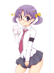 Rule 34 | &gt;:), 10s, 1girl, bespectacled, blue eyes, blush, cardigan, covering crotch, covering privates, cup, drinking straw, glasses, hair ornament, hair ribbon, hairclip, hanada kirame, holding, long sleeves, looking at viewer, miniskirt, mokuyou, necktie, pleated skirt, purple hair, ribbon, saki, saki (manga), saki achiga-hen, school uniform, shindouji school uniform, short hair, short twintails, skirt, smile, solo, sparkle, standing, twintails, v-shaped eyebrows, white background