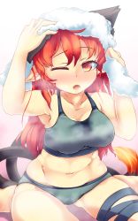 Rule 34 | 1girl, animal ears, blush, bra, breasts, cat ears, cat tail, cleavage, drying, fang, gradient background, green bra, green panties, highres, kaenbyou rin, konata gazel, looking at viewer, navel, one eye closed, open mouth, panties, red eyes, red hair, sitting, solo, steam, sweat, tail, touhou, towel, underwear, underwear only, wet