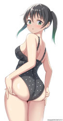 Rule 34 | 1girl, absurdres, ass, black hair, black one-piece swimsuit, casual one-piece swimsuit, cloud, commentary request, cowboy shot, dated, day, from behind, gradient hair, green eyes, green hair, hair between eyes, highres, love live!, love live! nijigasaki high school idol club, medium hair, multicolored hair, one-piece swimsuit, polka dot, polka dot swimsuit, simple background, sky, solo, standing, swimsuit, takasaki yu, tenpa (tenpa2190), twintails, two-tone hair, white background