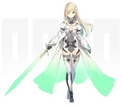 Rule 34 | 1girl, black gloves, blonde hair, boots, breasts, cape, choker, cleavage, cleavage cutout, clothing cutout, detached sleeves, floating hair, full body, gloves, green cape, green eyes, grey leotard, hairband, highres, holding, holding sword, holding weapon, isegawa yasutaka, leotard, long hair, long sleeves, looking at viewer, office lady, original, small breasts, smile, solo, standing, swept bangs, sword, thigh boots, thighhighs, very long hair, waist cape, weapon, white background, white footwear, white hairband, white sleeves