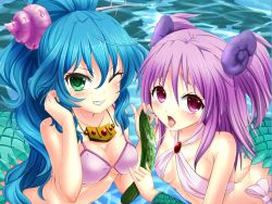 Rule 34 | 2girls, bikini, blue hair, blush, breasts, cleavage, collarbone, conch, cucumber, fujino (yoshi9798174), green eyes, grin, hair ornament, hii-chan, jewelry, long hair, mermaid, monster girl, multiple girls, namiuchigiwa no muromi-san, necklace, one eye closed, pink eyes, pink hair, ponytail, saliva, seashell, sexually suggestive, shell, smile, sumida-san, swimsuit, tongue, twintails, two side up, wide ponytail, wink