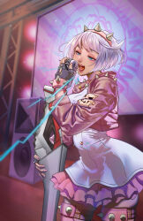 Rule 34 | 1girl, absurdres, ahoge, aqua eyes, artistntraining, blue eyes, bracelet, collar, concert, dress, elphelt valentine, frills, guilty gear, guilty gear strive, hairband, heart, highres, holding, holding microphone, huge ahoge, jacket, jewelry, microphone, music, pink jacket, singing, solo, spiked hairband, spikes, stage, white dress, white hair
