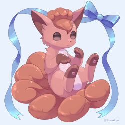 Rule 34 | :&lt;, absurdres, blue background, blue ribbon, brown eyes, closed mouth, creatures (company), game freak, gen 1 pokemon, hands up, highres, ibusaki (ivu), legs up, looking ahead, nintendo, pawpads, pokemon, pokemon (creature), red fur, ribbon, sitting, sitting on own tail, tail, twitter username, vulpix, white fur