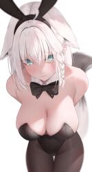 Rule 34 | 1girl, absurdres, ahoge, animal ear fluff, animal ears, aqua eyes, arms behind back, bare shoulders, black bow, black bowtie, black leotard, black pantyhose, bow, bowtie, braid, breasts, closed mouth, commentary, covered navel, detached collar, english commentary, extra ears, fake animal ears, fox ears, fox girl, fox tail, furrowed brow, hair between eyes, hanging breasts, highleg, highleg leotard, highres, hololive, large breasts, leaning forward, leotard, long hair, looking at viewer, pantyhose, pentagram, playboy bunny, prab, rabbit ears, shirakami fubuki, side braid, sidelocks, simple background, solo, strapless, strapless leotard, tail, thigh gap, virtual youtuber, white background, white hair