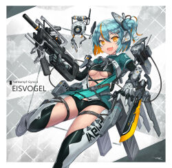 Rule 34 | 1girl, aqua hair, breasts, cable, center opening, clothing cutout, colored inner hair, drone, gauntlets, gia, gun, hair between eyes, hair ornament, hairclip, headgear, holding, holding gun, holding weapon, medium breasts, multicolored hair, non-humanoid robot, one side up, open mouth, orange eyes, orange hair, original, robot, science fiction, short hair, solo, streaked hair, suppressor, thigh cutout, underboob, weapon