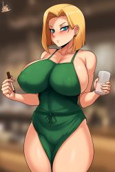Rule 34 | 1girl, absurdres, android 18, apron, artist name, blurry, blurry background, breasts, cameltoe, closed mouth, collarbone, commentary, covered erect nipples, cowboy shot, cup, dragon ball, dragonball z, earrings, foreshortening, highres, holding, holding cup, holding pen, iced latte with breast milk (meme), jewelry, jmg, legs together, looking at viewer, meme, naked apron, pen, short hair, skindentation, solo, standing, sweatdrop, thick thighs, thighs, v-shaped eyebrows