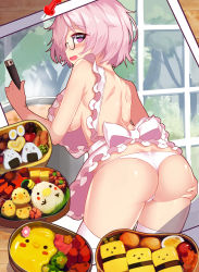 Rule 34 | 1girl, alternate costume, apron, ass, bad id, bad pixiv id, bare back, bento, blush, bow, breasts, cooking, fate/grand order, fate (series), frilled apron, frills, from behind, glasses, highres, ladle, large breasts, leaning forward, light purple hair, looking at viewer, looking back, mash kyrielight, nearly naked apron, open mouth, panties, photo (object), pin, pot, purple eyes, sideboob, solo, thighhighs, underwear, white apron, white bow, white panties, white thighhighs, window, yuruto