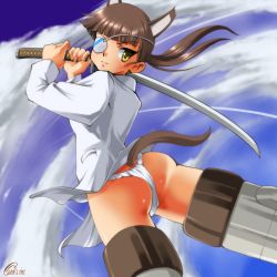 Rule 34 | 00s, 1girl, ass, brown hair, dr rex, from behind, from below, fundoshi, green eyes, grey thighhighs, japanese clothes, katana, looking at viewer, looking back, no pants, panties, ponytail, sakamoto mio, short hair, solo, standing, strike witches, striker unit, sword, thighhighs, underwear, weapon, white panties, world witches series