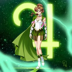Rule 34 | 1girl, alternate costume, armband, armored boots, bishoujo senshi sailor moon, boots, breasts, cape, commentary, commission, drachea rannak, english commentary, full body, green cape, green skirt, highres, jewelry, kino makoto, laurel crown, miniskirt, neck ring, ponytail, revision, sailor jupiter, serious, skirt, small breasts, solo, space, vambraces, watermark