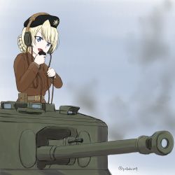Rule 34 | 1girl, belt, beret, black hat, blonde hair, blue eyes, blue sky, braid, braided bun, british army, brown jumpsuit, churchill (tank), darjeeling (girls und panzer), day, girls und panzer, hair bun, hat, headphones, highres, holding, jumpsuit, long sleeves, looking to the side, military, military uniform, military vehicle, motor vehicle, open mouth, outdoors, porotto yontouhei, pouch, radio, short hair, sky, smile, smoke, solo, tank, twitter username, uniform, world war ii