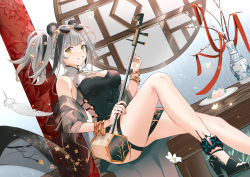 Rule 34 | 1girl, animal ears, arknights, bangle, bare legs, bare shoulders, black dress, bracelet, breasts, china dress, chinese clothes, dress, dutch angle, erhu, eyewear on head, feater (arknights), glint, grey hair, grin, high heels, highres, holding, infection monitor (arknights), instrument, jewelry, knee up, large breasts, long hair, looking at viewer, material growth, multicolored hair, orange eyes, oripathy lesion (arknights), panda ears, rero (bigdoorbig2), round eyewear, shawl, short dress, sitting, sleeveless, sleeveless dress, smile, solo, streaked hair, sunglasses, table, taut clothes, taut dress, thigh strap, thighs, twintails, two-tone hair, vase