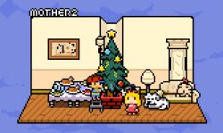 Rule 34 | 1boy, 2girls, animated, animated gif, blonde hair, christmas, christmas ornaments, christmas tree, copyright name, dog, doseisan, indoors, king (mother 2), ladder, mother (game), mother 2, multiple girls, ness&#039;s mother, nintendo, pixel art, short hair, table, tracy (mother 2), wanpaku pixels