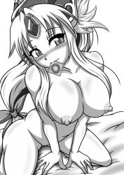 Rule 34 | 1girl, artist request, blush, breasts, condom, condom in mouth, female focus, forehead jewel, large breasts, monochrome, mouth hold, naughty face, nipples, nude, ponytail, puffy nipples, riesz, seiken densetsu, seiken densetsu 3, solo