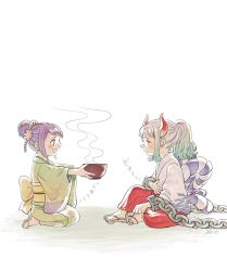 Rule 34 | 2girls, aged down, bandaid, bandaid on face, blush, chain, chained, chained wrists, commentary request, eyelashes, food, gradient hair, green hair, green kimono, grey hair, hair ornament, happy, highres, horns, hungry, japanese clothes, kimono, long hair, looking at another, mrs.custard, multicolored hair, multiple girls, one piece, ponytail, purple hair, sandals, seiza, sharing food, signature, sitting, smile, kurozumi tama, time paradox, translated, yamato (one piece)