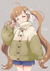 Rule 34 | 1girl, ahoge, blue shorts, blush, bow, bowtie, brown hair, buttons, closed eyes, closed mouth, commentary request, cowboy shot, facing viewer, fluffy, goma konbu, green jacket, grey background, hair ribbon, hakozaki serika, hand up, head tilt, high collar, highres, idolmaster, idolmaster million live!, jacket, long hair, multicolored clothes, multicolored jacket, outline, raised eyebrows, ribbon, short shorts, shorts, side slit, side slit shorts, simple background, sleeves past wrists, smile, solo, split mouth, swept bangs, thick eyelashes, twintails, two-tone jacket, very long hair, waving, white bow, white bowtie, white outline, white ribbon, winter clothes, yellow jacket