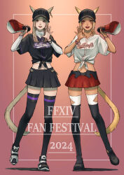 Rule 34 | 2girls, animal ears, baseball cap, black thighhighs, blonde hair, brown eyes, cam (cammero95713700), cat ears, cat tail, dark-skinned female, dark skin, ears through headwear, english text, facial mark, final fantasy, final fantasy xiv, gradient background, hat, highres, long hair, looking at viewer, midriff, miqo&#039;te, mole, mole under mouth, multiple girls, navel, open mouth, pleated skirt, shirt, skirt, slit pupils, tail, thighhighs, tied shirt, warrior of light (ff14), whisker markings