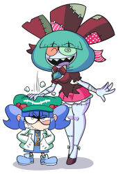 Rule 34 | 2girls, @ @, alternate costume, blue eyes, blue footwear, blue hair, blunt bangs, colored sclera, commentary, english commentary, flat cap, front ponytail, full body, green hair, green headwear, green sclera, halloween costume, hat, highres, kagiyama hina, kawashiro nitori, kevin arthur, long hair, looking at viewer, multiple girls, multiple scars, red ribbon, red sclera, red skirt, ribbon, ribbon hair, scar, sharp teeth, simple background, skirt, teeth, touhou, two side up, white background, zombie costume