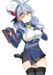 Rule 34 | 1girl, ako (blue archive), black thighhighs, blue archive, blue eyes, blue hair, blush, breasts, collar, gloves, gun, highres, inapple, large breasts, neck bell, school uniform, solo, thighhighs, weapon, white background