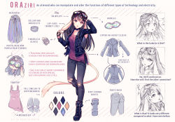 Rule 34 | 1girl, :o, ?, ??, ^^^, animal ears, ankle boots, arm up, arrow (symbol), artist name, black footwear, black gloves, black hair, black jacket, black neckwear, black pants, blush, boots, borrowed character, breasts, rabbit ears, collarbone, commission, ears down, english text, fingerless gloves, full body, furrowed brow, gloves, goggles, goggles on head, hair ornament, hairclip, hand on forehead, hand on own chin, hyanna-natsu, jacket, long hair, long sleeves, looking at viewer, medium breasts, mouse tail, multiple views, open clothes, open jacket, open mouth, original, panties, pants, red eyes, surprised, tail, tank top, text focus, torn clothes, torn panties, underwear, unzipped, walking, white background, zipper