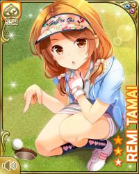Rule 34 | 1girl, :o, bare legs, blue jacket, brown eyes, brown hair, card (medium), day, dress, girlfriend (kari), golf, golf club, golf course, jacket, kneeling, looking at viewer, low twintails, official art, open mouth, outdoors, qp:flapper, solo, tagme, tamai remi, twintails, white dress, yellow background