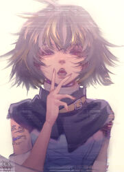 1girl arm_tattoo blonde_hair character_request detached_sleeves fangs fingernails grey_hair high_collar highres indie_virtual_youtuber long_fingernails looking_at_viewer looking_down making-of_available multicolored_hair open_mouth partially_shaded_face short_hair simple_background sleeveless solo streaked_hair tagme taku_artworks tattoo upper_body virtual_youtuber white_background