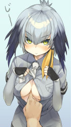 Rule 34 | 10s, 1girl, arm between breasts, bad id, bad pixiv id, between breasts, black gloves, black hair, blue background, breasts, fingerless gloves, gloves, grey hair, grey shirt, highres, kemono friends, large breasts, looking at viewer, mirei, multicolored hair, necktie, open clothes, open shirt, shirt, shoebill (kemono friends), short sleeves, solo focus, two-tone hair, white necktie, yellow eyes