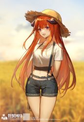 Rule 34 | 1girl, :d, alternate costume, arknights, arms behind back, bagpipe (arknights), black shorts, blunt bangs, blurry, blurry background, blush, breasts, brown hat, cowboy shot, day, depth of field, dragon horns, field, hat, highres, horns, jewelry, long hair, looking at viewer, medium breasts, midriff, navel, necklace, open mouth, orange hair, outdoors, purple eyes, qinglai haiji, shirt, short shorts, short sleeves, shorts, skindentation, smile, solo, straight hair, straw hat, suspender shorts, suspenders, thigh gap, very long hair, white shirt