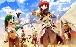 2girls 3boys animal animal_ears animal_on_head animal_print armor assassin_(ragnarok_online) bandages_over_clothes bandana bell bird bird_on_head black_bandana blonde_hair blue_sky blush_stickers boots bow bow_bra bra breasts brown_capelet brown_gloves brown_jacket brown_pants brown_shirt brown_shorts brown_skirt cape capelet cat_ears cat_girl cat_tail chick cleavage closed_mouth cloud copyright_notice desert feet_out_of_frame fur-trimmed_jacket fur_trim gloves green_eyes green_hair guest_art heart helmet highres in-universe_location jacket jingle_bell kishibojin logo long_hair long_sleeves looking_at_another looking_back medium_breasts middle_eastern_architecture morroc_guard multiple_boys multiple_girls neck_bell official_art official_wallpaper on_head open_mouth outdoors pants pauldrons print_jacket purple_cape purple_eyes ragnarok_online red_bow red_hair rejection rogue_(ragnarok_online) shirt short_hair shorts shoulder_armor shrug_(clothing) skirt sky small_breasts smile spoken_heart spoken_sweatdrop sweatdrop tail tent thief_(ragnarok_online) tiger_print underwear waist_cape waving white_bra wickebine_(ragnarok_online) yellow_jacket