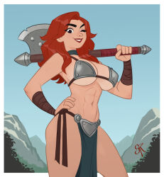 1girl abs armor artist_name axe barbarian bikini_armor black_eyes border breasts choker commentary english_commentary freckles galmesh_rosewood hand_on_own_hip highres holding holding_axe holding_weapon large_breasts long_hair looking_at_viewer metal_bikini navel one_eye_closed original outdoors outside_border parted_lips pelvic_curtain red_hair smile solo toned toned_female weapon white_border