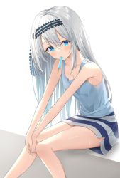 Rule 34 | 1girl, bare arms, bare shoulders, black hairband, blue eyes, blue tank top, breasts, cleavage, collarbone, commentary request, feet out of frame, food, food in mouth, grey hair, hair between eyes, hairband, highres, kaguya-sama wa kokurasetai ~tensai-tachi no renai zunousen~, kanaria hisagi, knees together feet apart, long hair, looking at viewer, medium breasts, mouth hold, popsicle, shirogane kei, sitting, skirt, solo, striped clothes, striped hairband, striped skirt, tank top, very long hair, white background
