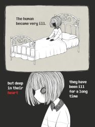 Rule 34 | 1other, androgynous, bed, bed sheet, chara (undertale), collared shirt, comic, crazy eyes, eleanor (ohmyeleanor), english text, gender request, greyscale, in bed, long sleeves, monochrome, on bed, pajamas, pillow, shirt, short hair, sitting, solo, spoilers, spot color, striped clothes, striped sweater, sweater, text focus, under covers, undertale, waking up