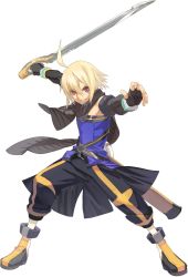 Rule 34 | 00s, 1boy, blonde hair, elbow gloves, emil castagnier, fingerless gloves, gloves, grin, highres, male focus, namco, official art, okumura daigo, red eyes, scarf, smile, solo, sword, tales of (series), tales of symphonia, tales of symphonia: dawn of the new world, weapon