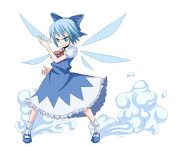 Rule 34 | 1girl, blue dress, blue hair, bow, cirno, dress, embodiment of scarlet devil, female focus, fighting stance, full body, hair bow, legs apart, mary janes, n (ruff), ribbon, ruff (pixiv), serious, shoes, short hair, simple background, smoke, solo, standing, touhou, wings