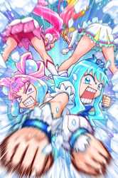 Rule 34 | &gt; &lt;, 4girls, :d, angry, bike shorts, blonde hair, blue eyes, blue hair, blue headwear, clenched hands, cure blossom, cure marine, dress, elbow gloves, eyelash ornament, frilled cuffs, frown, gloves, gradient hair, grimace, hair intakes, hanasaki tsubomi, heartcatch precure!, highres, hip attack, ice, in-franchise crossover, itou shin&#039;ichi, kneepits, kurumi erika, laura la mer, leaning forward, legs, long hair, long sleeves, miniskirt, motion blur, multicolored hair, multiple girls, natsuumi manatsu, open mouth, pearl hair ornament, pink dress, pink eyes, pink hair, pink shorts, pleated skirt, ponytail, precure, puffy short sleeves, puffy sleeves, punching, in-franchise crossover, shirt, short sleeves, shorts, shorts under dress, side ponytail, skirt, sleeveless, sleeveless shirt, smile, spread legs, standing, tiara, tropical-rouge! precure, upskirt, v-shaped eyebrows, v-shaped eyes, very long hair, view between legs, white gloves, white shirt, white skirt